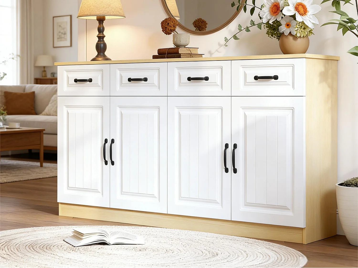 Dressoir/ladekast met 4 deuren en 4 lades - 2 planken - geribbeld design - 8 metalen handgrepen - MDF - wit + naturel