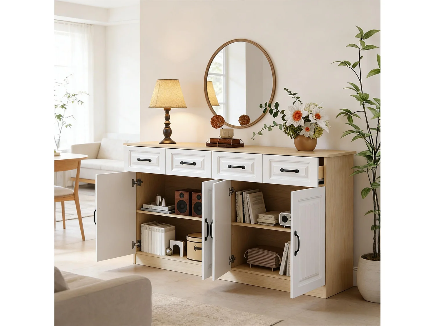Dressoir/ladekast met 4 deuren en 4 lades - 2 planken - geribbeld design - 8 metalen handgrepen - MDF - wit + naturel