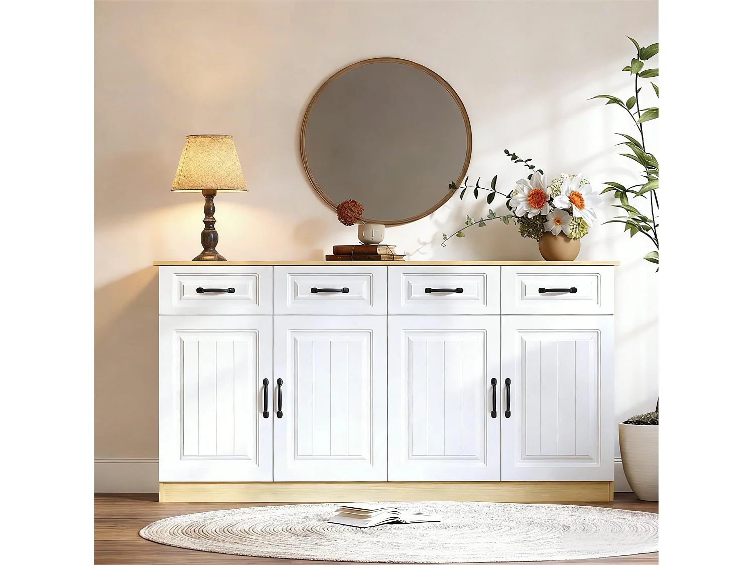 Dressoir/ladekast met 4 deuren en 4 lades - 2 planken - geribbeld design - 8 metalen handgrepen - MDF - wit + naturel