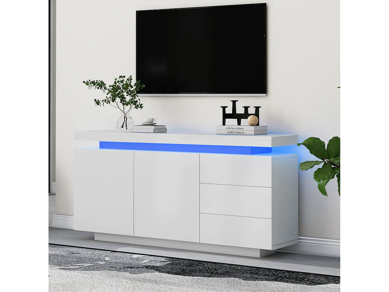 Modern sideboard with LED lighting - 2 doors and 3 drawers - White