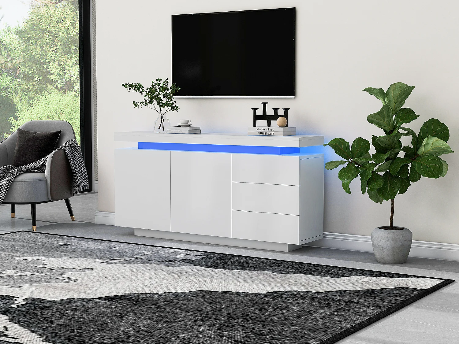 Modern sideboard with LED lighting - 2 doors and 3 drawers - White