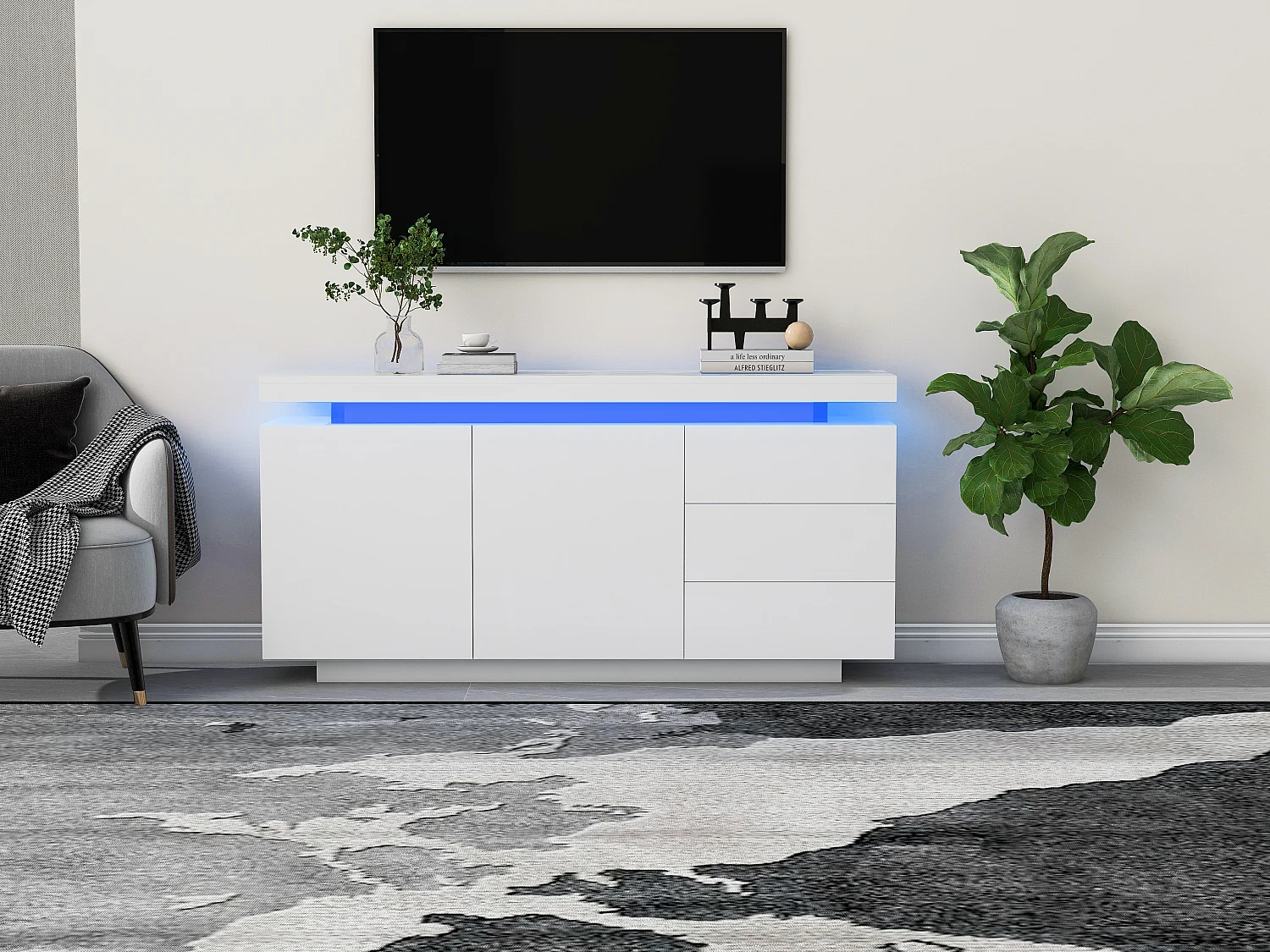 Modern sideboard with LED lighting - 2 doors and 3 drawers - White