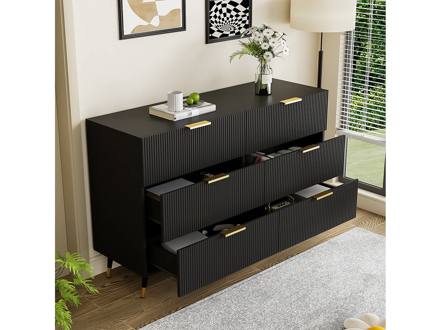 Modern sideboard/chest of drawers - 6 drawers - particleboard - Black