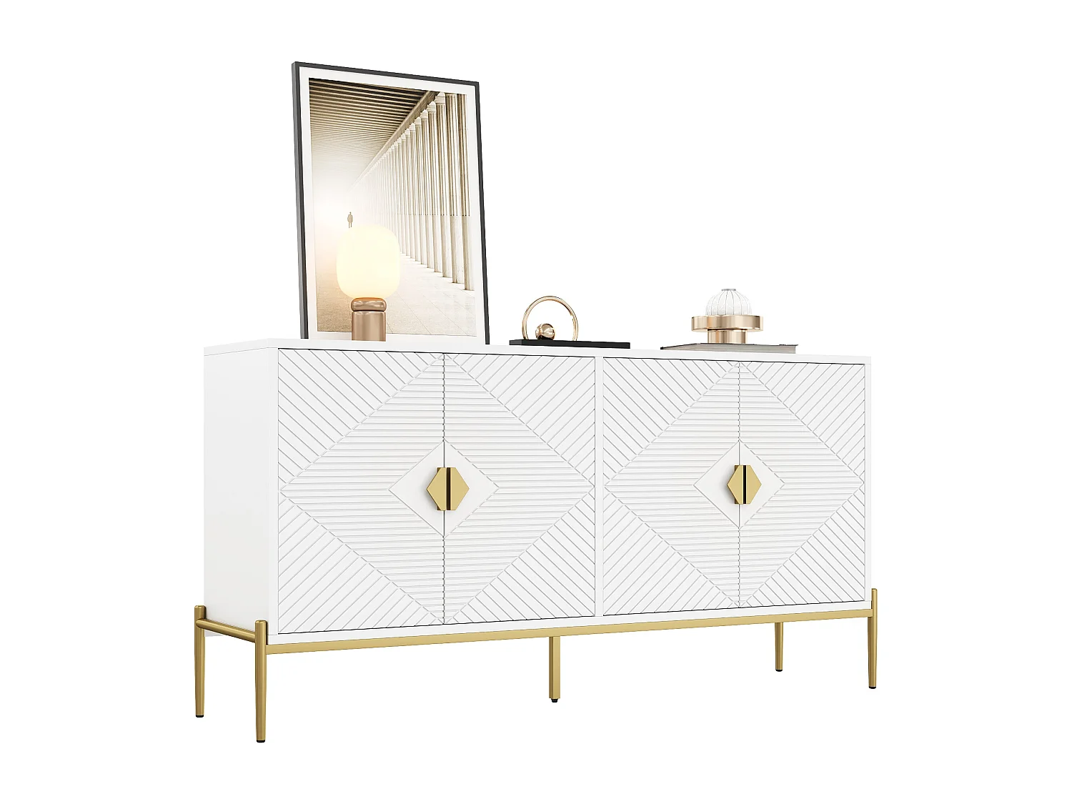 Modern sideboard 162x40x80 cm - with 4 doors - Metal legs - MDF + particleboard - White