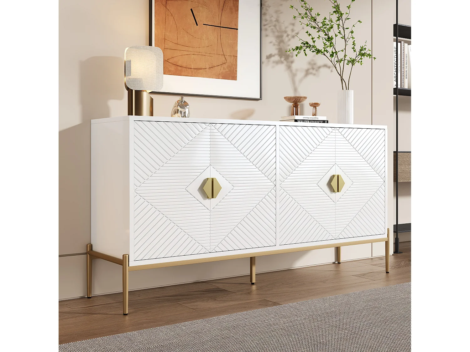 Modern sideboard 162x40x80 cm - with 4 doors - Metal legs - MDF + particleboard - White