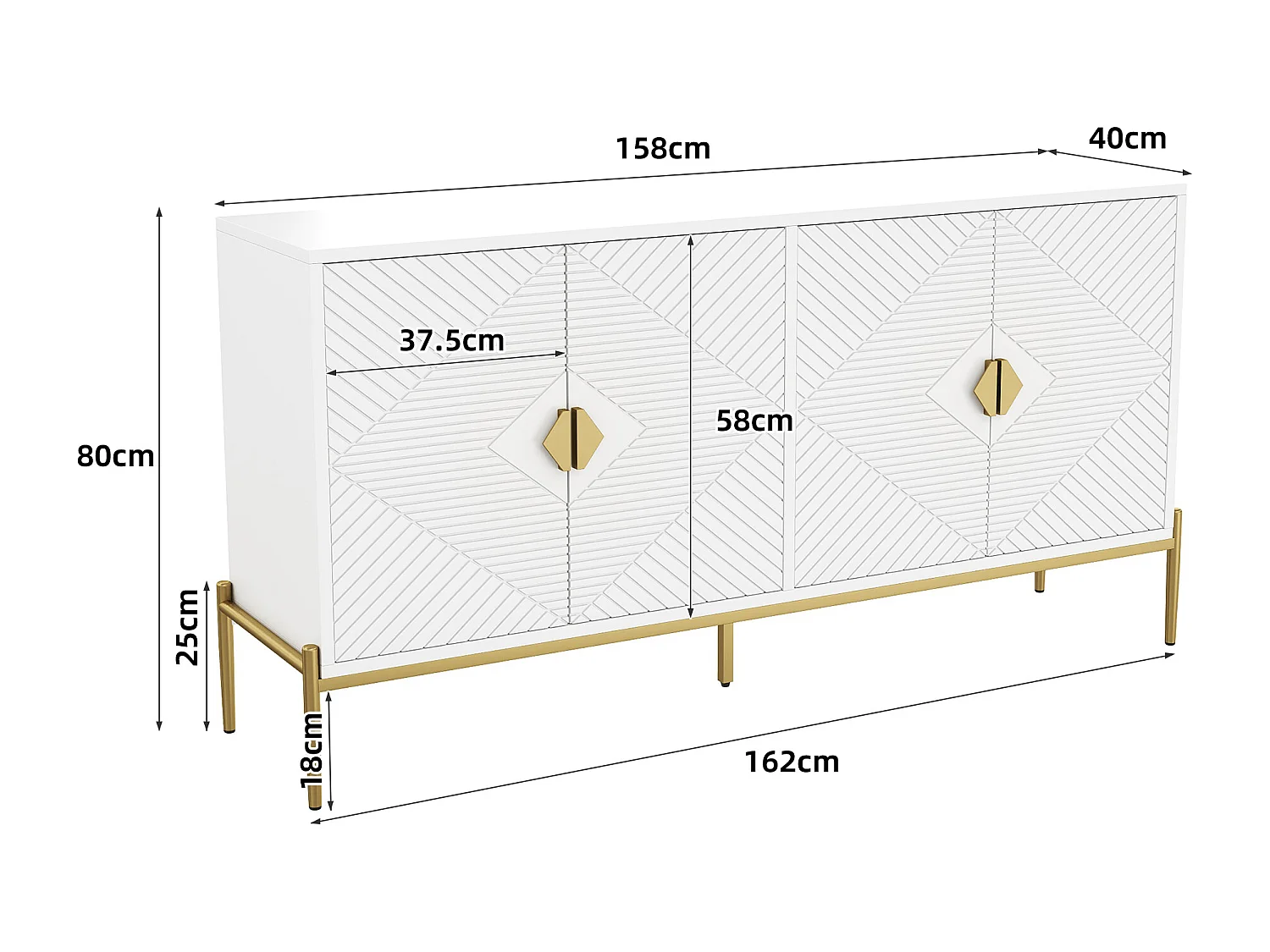Modern sideboard 162x40x80 cm - with 4 doors - Metal legs - MDF + particleboard - White