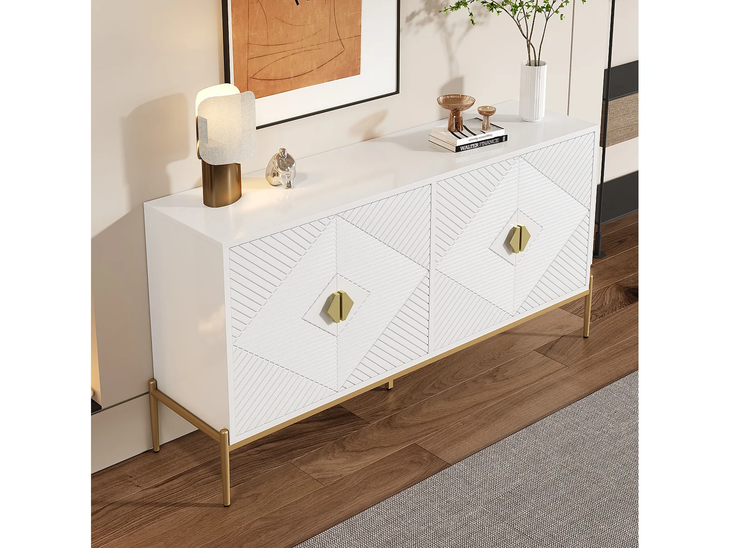Modern sideboard 162x40x80 cm - with 4 doors - Metal legs - MDF + particleboard - White