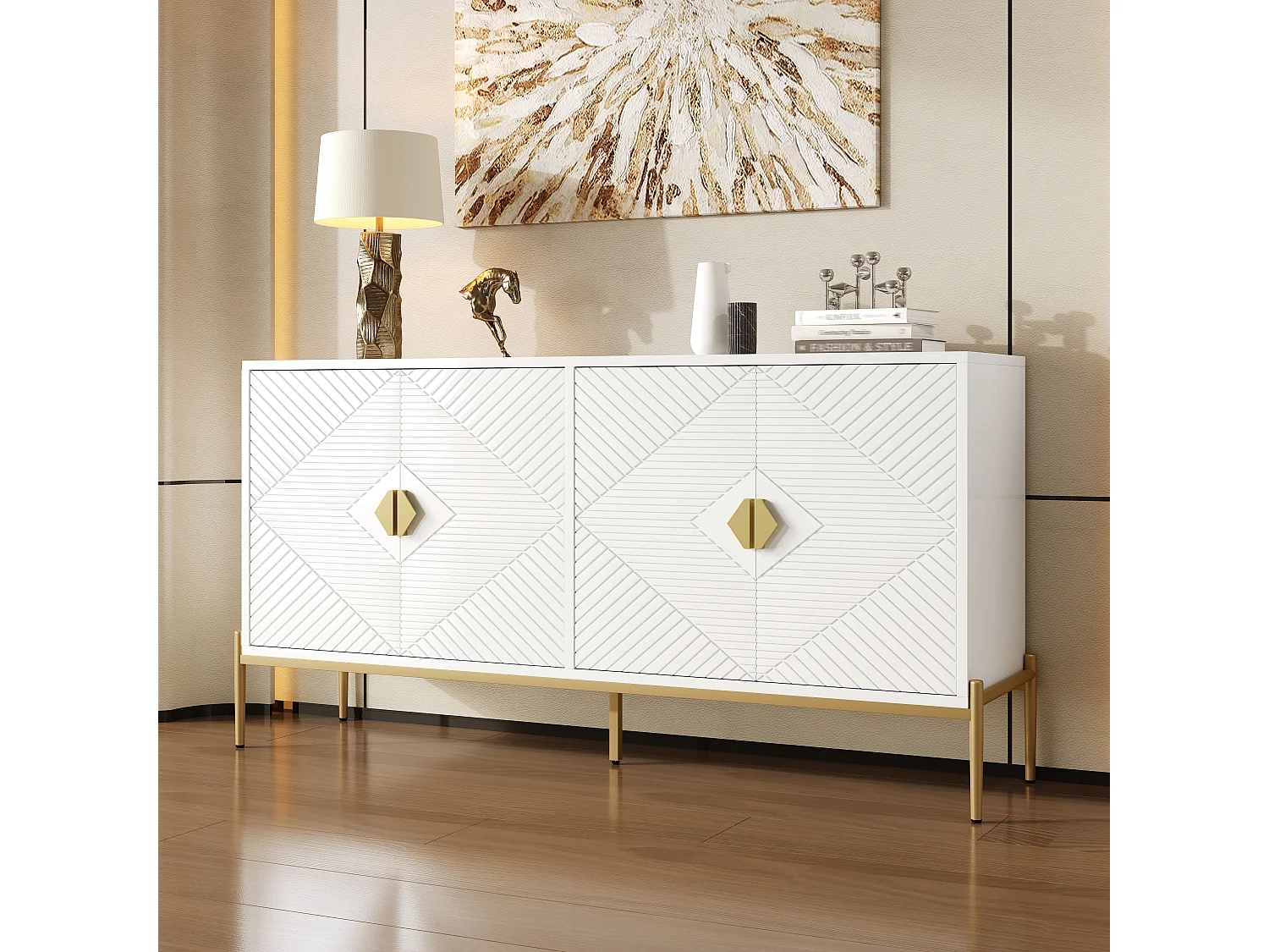 Modern sideboard 162x40x80 cm - with 4 doors - Metal legs - MDF + particleboard - White