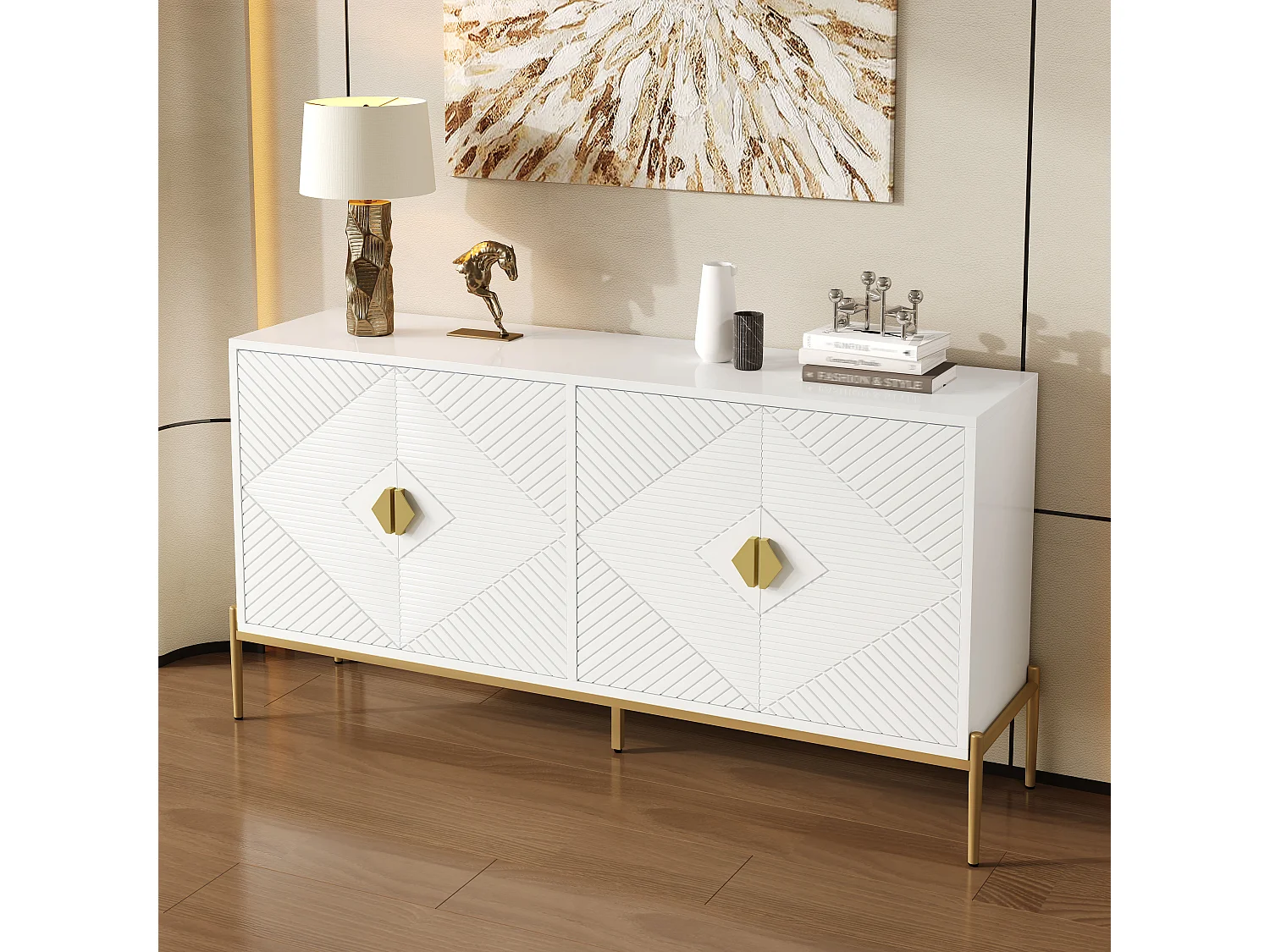 Modern sideboard 162x40x80 cm - with 4 doors - Metal legs - MDF + particleboard - White