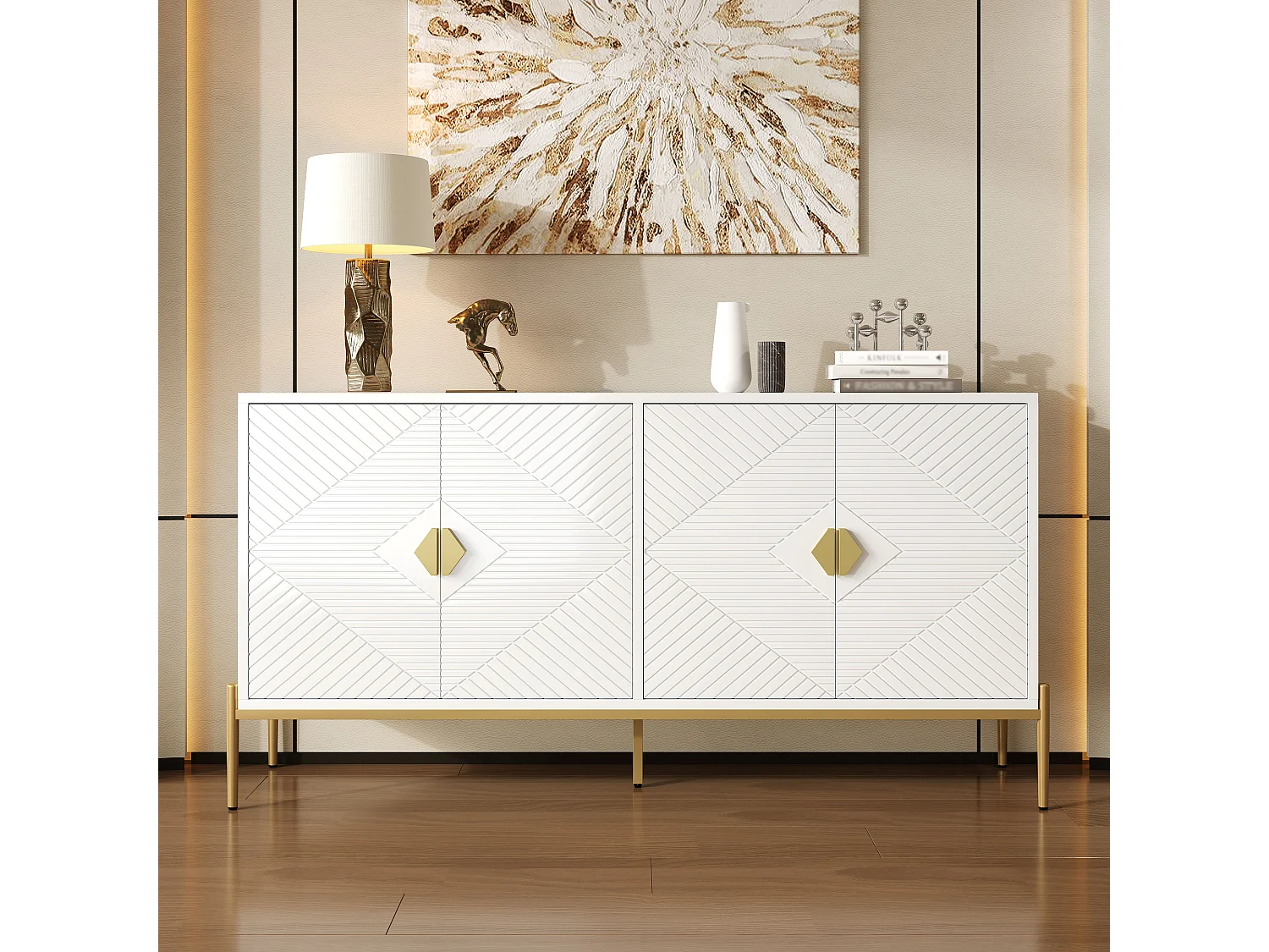 Modern sideboard 162x40x80 cm - with 4 doors - Metal legs - MDF + particleboard - White