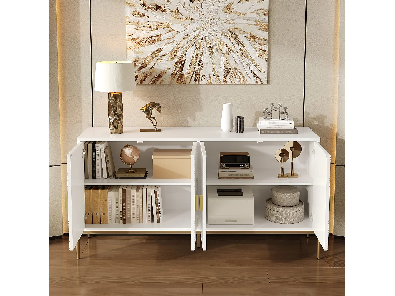 Modern sideboard 162x40x80 cm - with 4 doors - Metal legs - MDF + particleboard - White