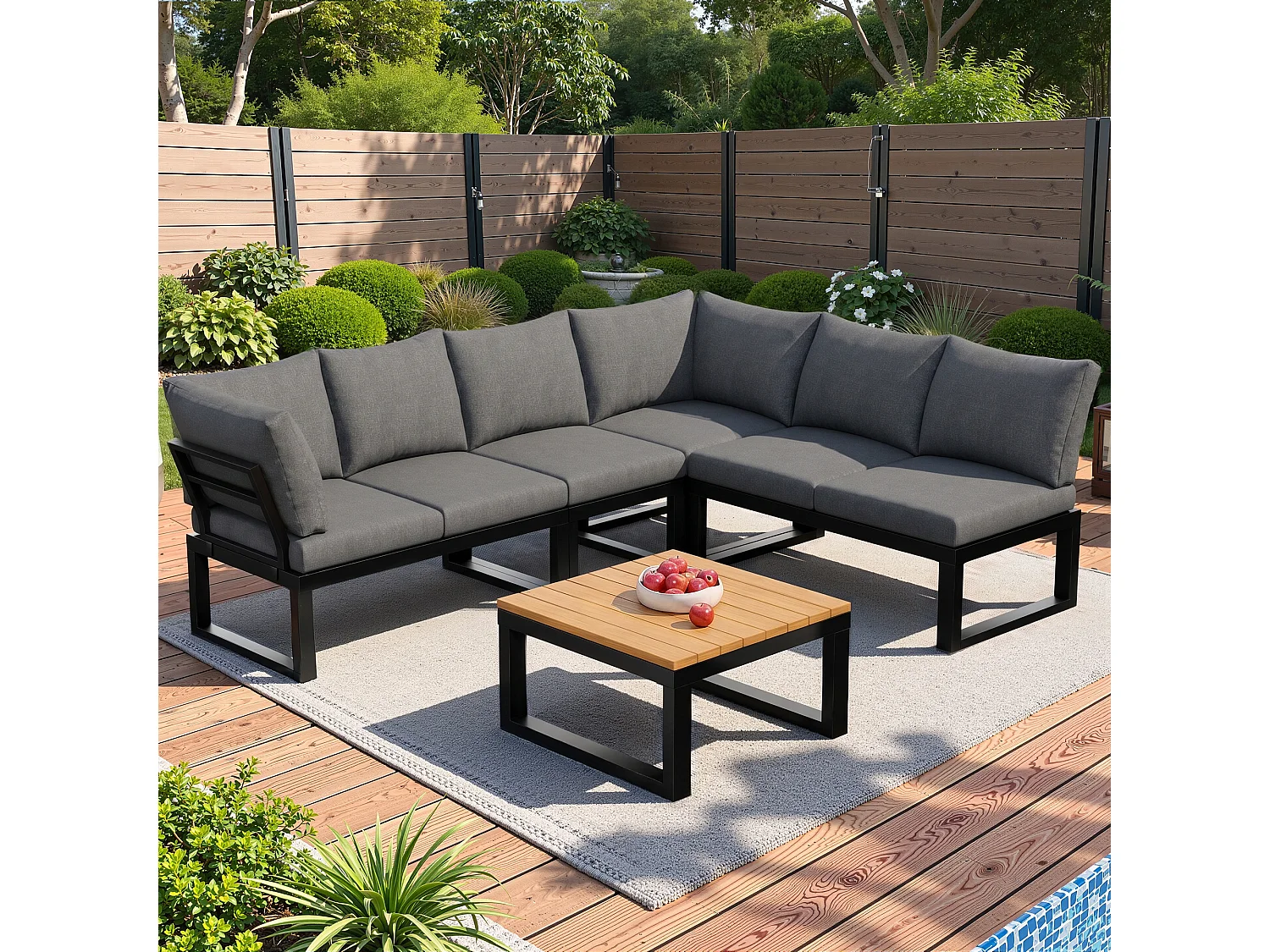 6-Piece Garden Set with Adjustable Backrest - with Dining Table and Coffee Table - Steel Frame - Gray Cushions