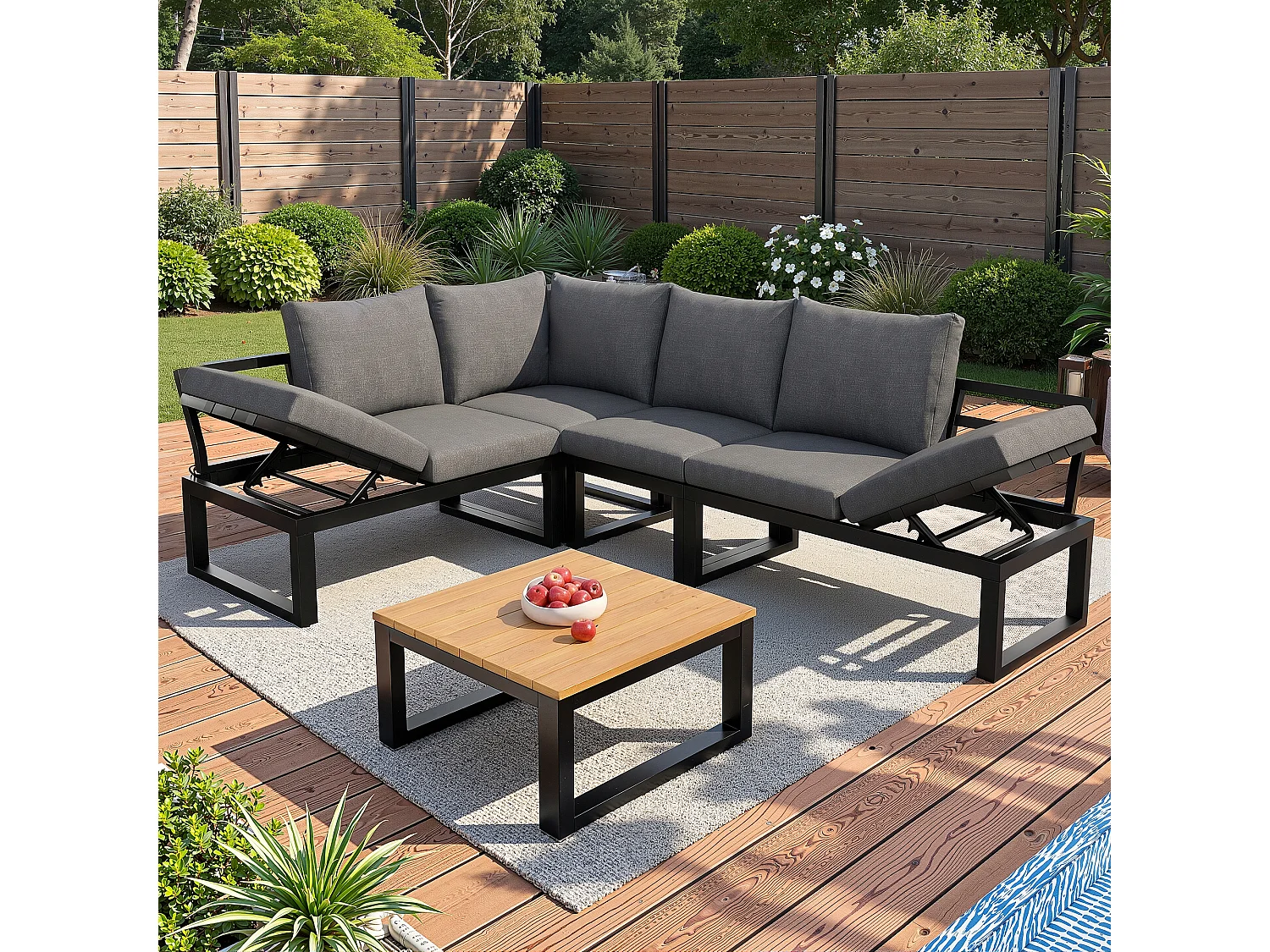 6-Piece Garden Set with Adjustable Backrest - with Dining Table and Coffee Table - Steel Frame - Gray Cushions