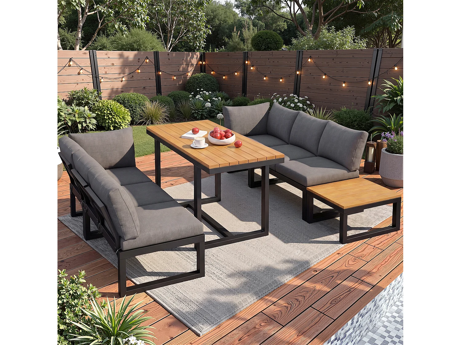 6-Piece Garden Set with Adjustable Backrest - with Dining Table and Coffee Table - Steel Frame - Gray Cushions