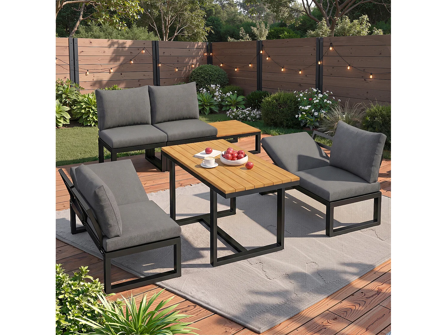 6-Piece Garden Set with Adjustable Backrest - with Dining Table and Coffee Table - Steel Frame - Gray Cushions