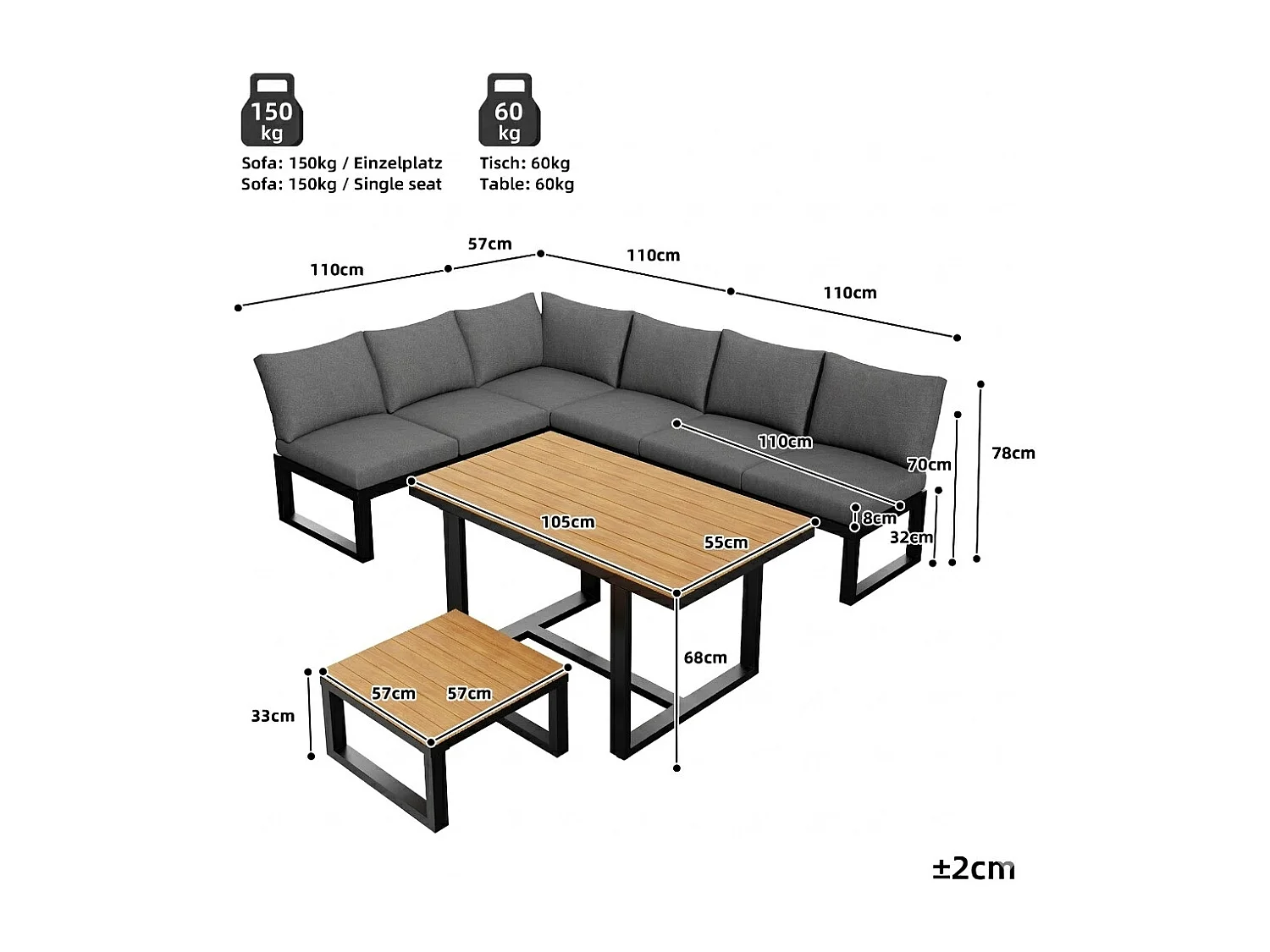 6-Piece Garden Set with Adjustable Backrest - with Dining Table and Coffee Table - Steel Frame - Gray Cushions