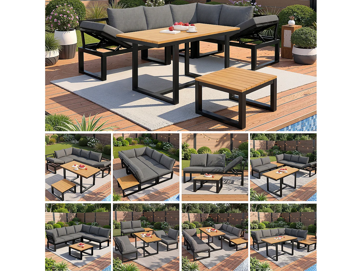 6-Piece Garden Set with Adjustable Backrest - with Dining Table and Coffee Table - Steel Frame - Gray Cushions