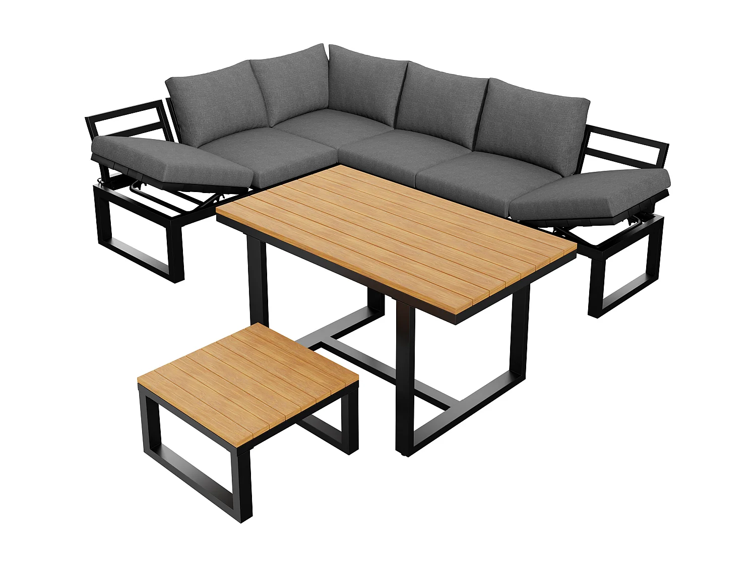 6-Piece Garden Set with Adjustable Backrest - with Dining Table and Coffee Table - Steel Frame - Gray Cushions