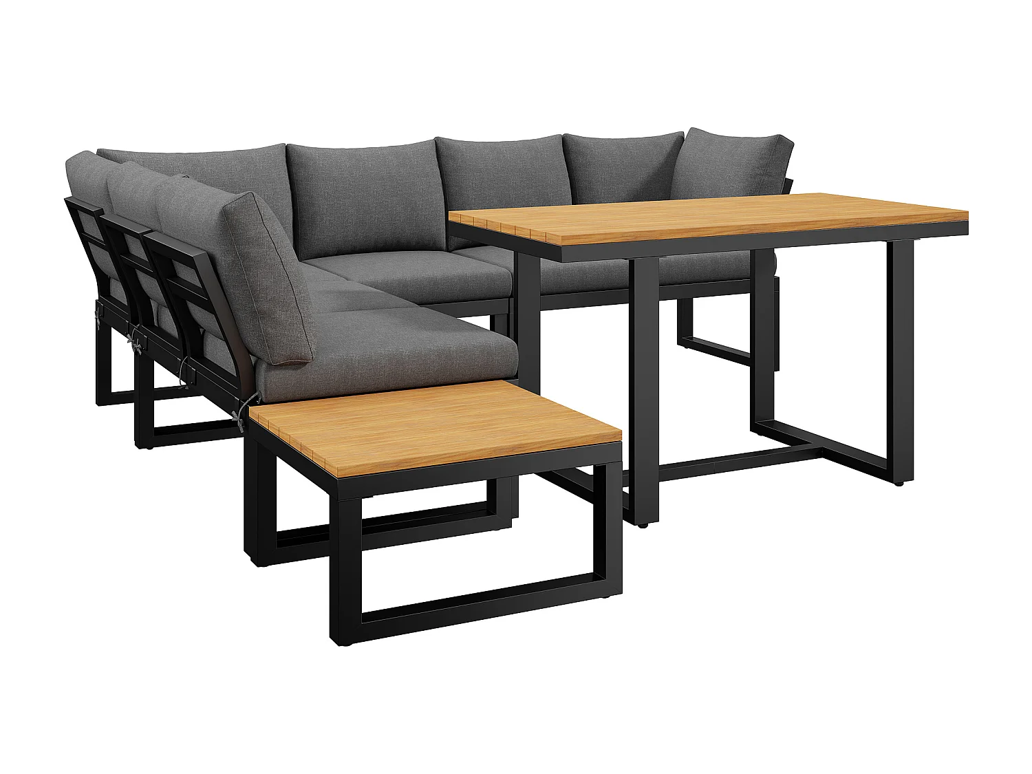 6-Piece Garden Set with Adjustable Backrest - with Dining Table and Coffee Table - Steel Frame - Gray Cushions