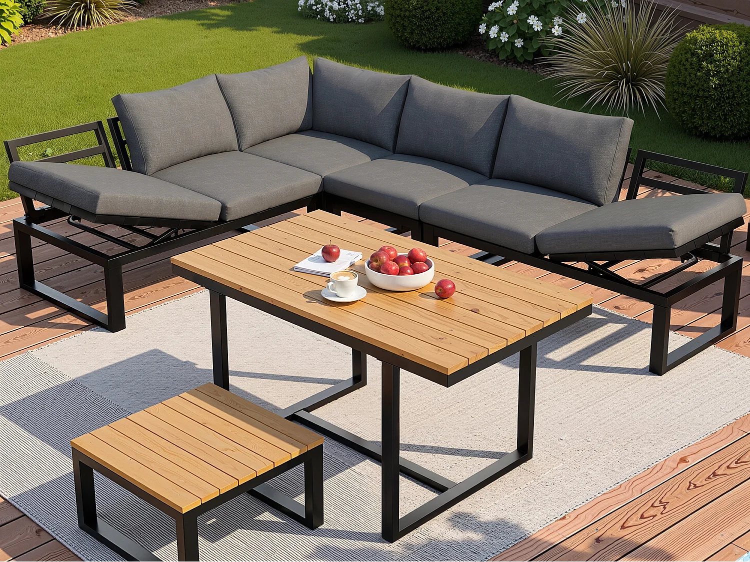 6-Piece Garden Set with Adjustable Backrest - with Dining Table and Coffee Table - Steel Frame - Gray Cushions