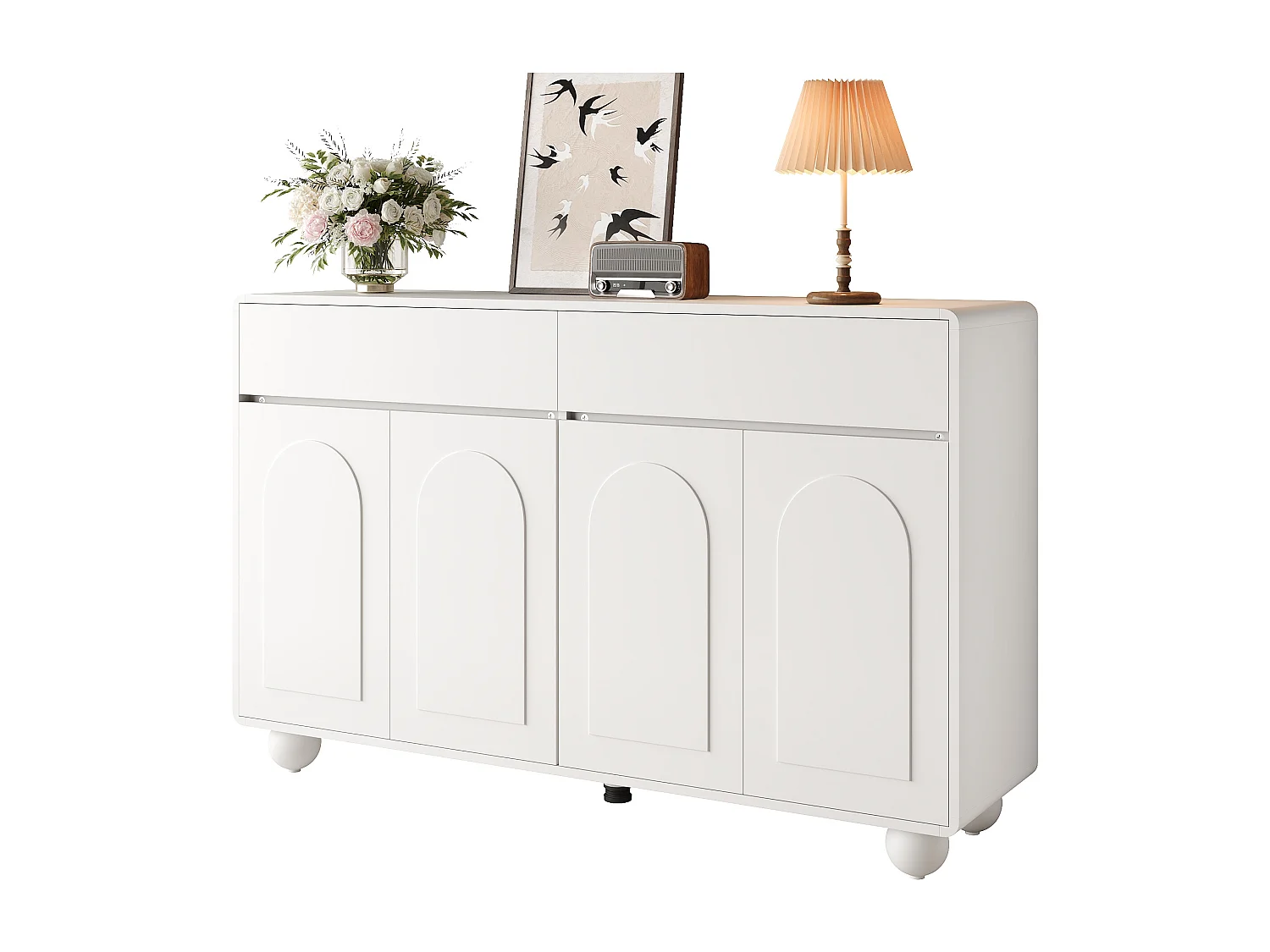 Modern sideboard 140 x 38 x 89 cm - 2 drawers and 4 doors - round metal legs - curved doors - MDF - white
