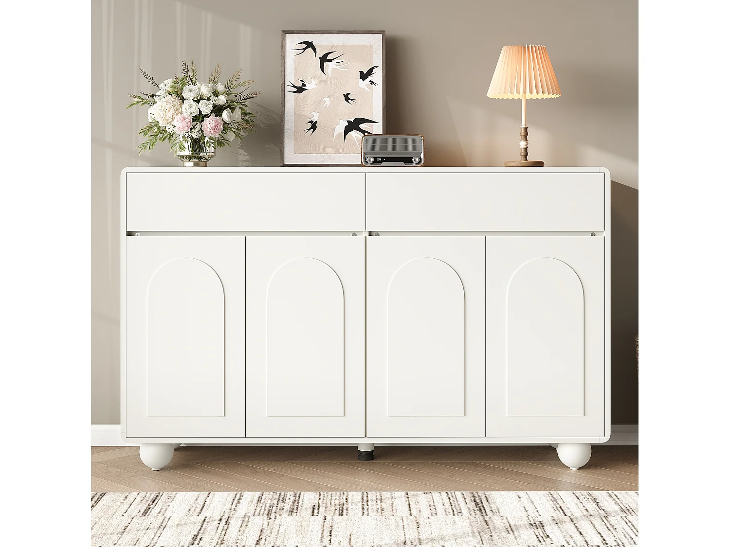 Modern sideboard 140 x 38 x 89 cm - 2 drawers and 4 doors - round metal legs - curved doors - MDF - white