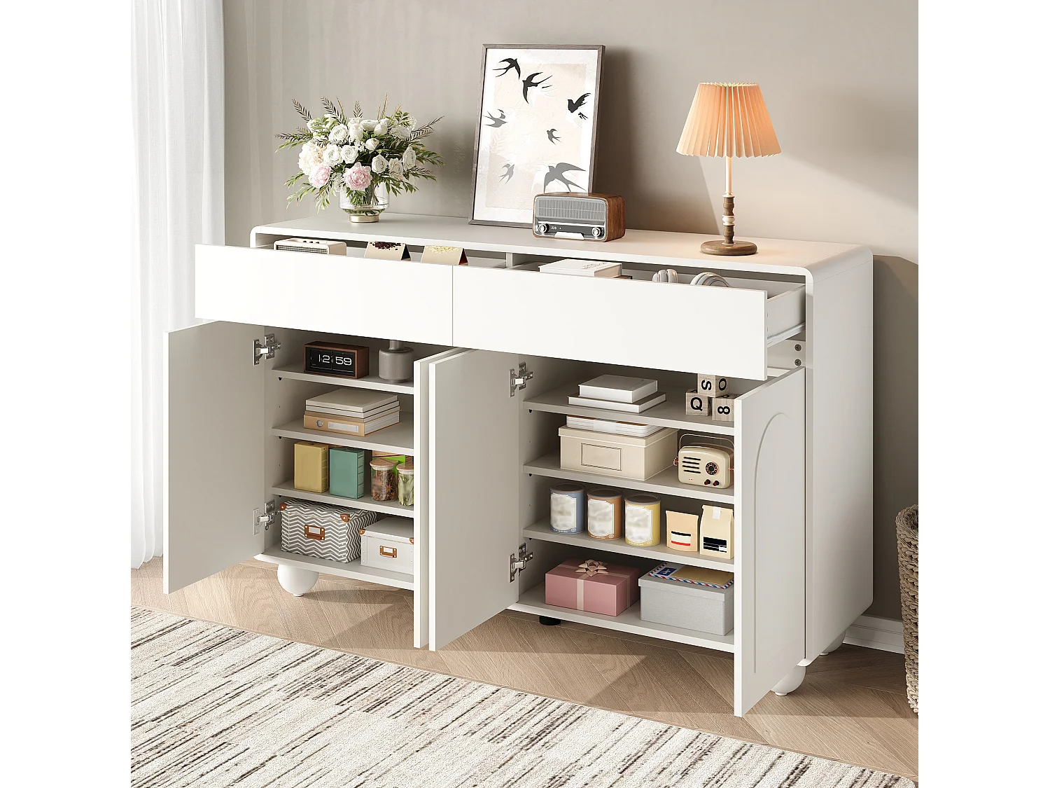Modern sideboard 140 x 38 x 89 cm - 2 drawers and 4 doors - round metal legs - curved doors - MDF - white