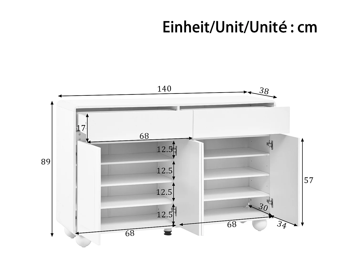 Modern sideboard 140 x 38 x 89 cm - 2 drawers and 4 doors - round metal legs - curved doors - MDF - white