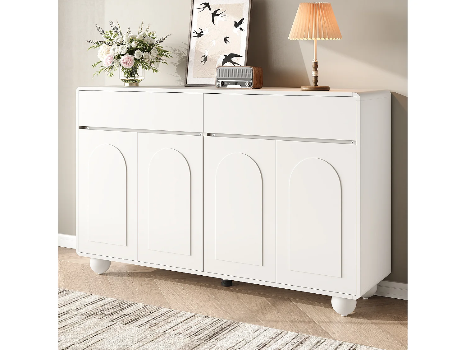Modern sideboard 140 x 38 x 89 cm - 2 drawers and 4 doors - round metal legs - curved doors - MDF - white