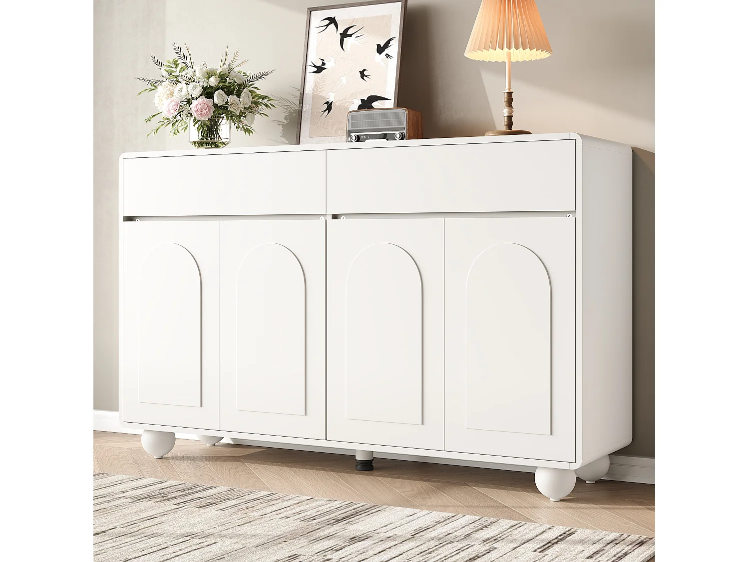 Modern sideboard 140 x 38 x 89 cm - 2 drawers and 4 doors - round metal legs - curved doors - MDF - white