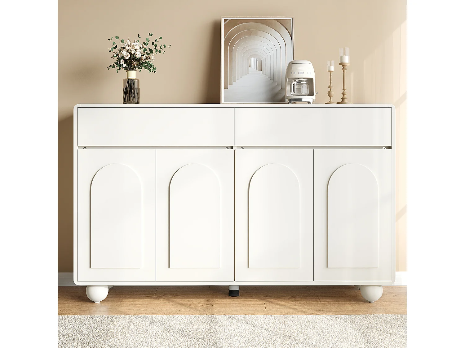 Modern sideboard 140 x 38 x 89 cm - 2 drawers and 4 doors - round metal legs - curved doors - MDF - white