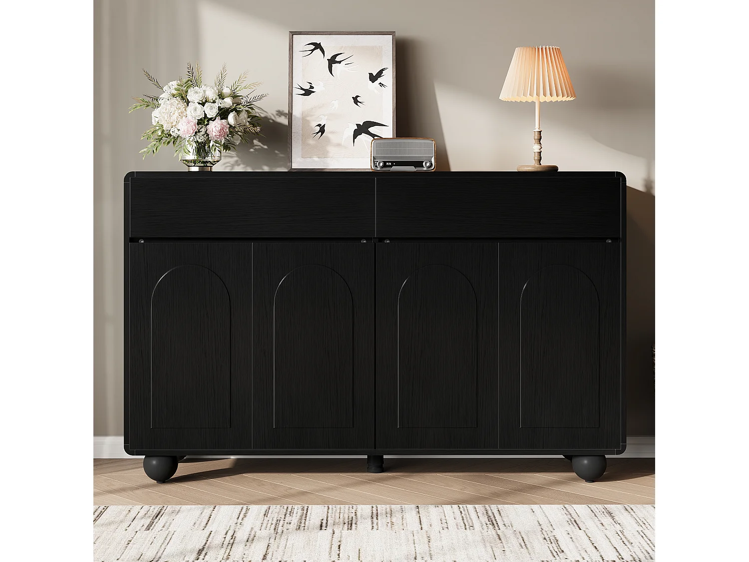 Aparador moderno 140 x 38 x 89 cm - 2 cajones y 4 puertas - patas redondas de metal - puertas arqueadas - MDF - negro