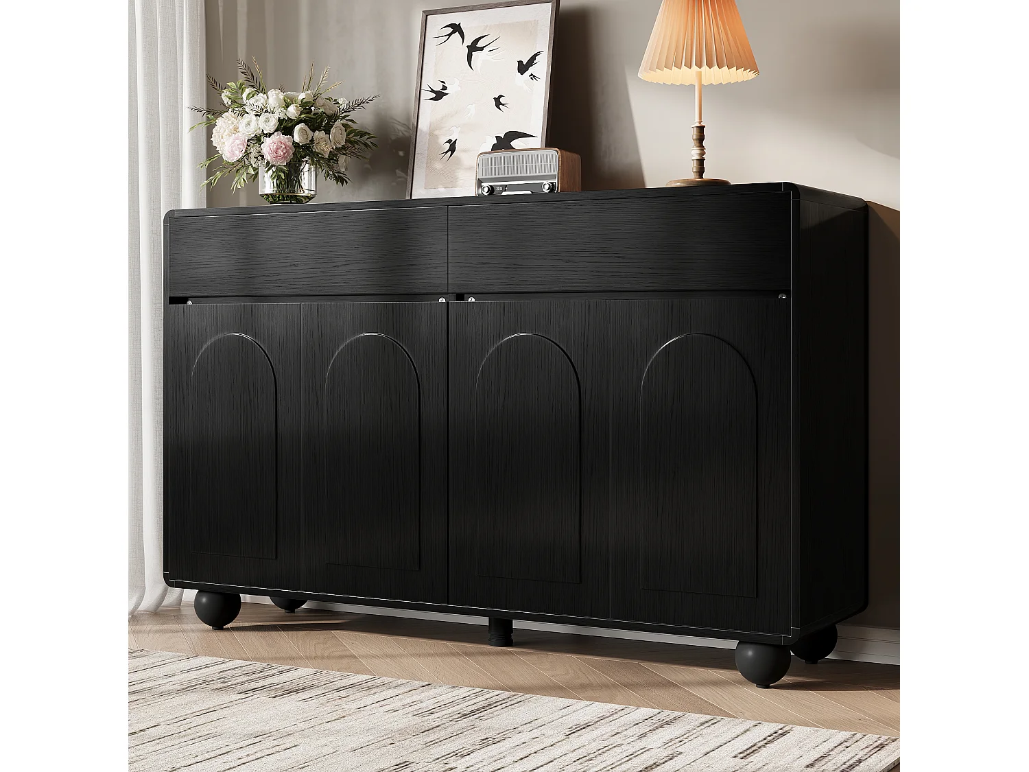 Aparador moderno 140 x 38 x 89 cm - 2 cajones y 4 puertas - patas redondas de metal - puertas arqueadas - MDF - negro