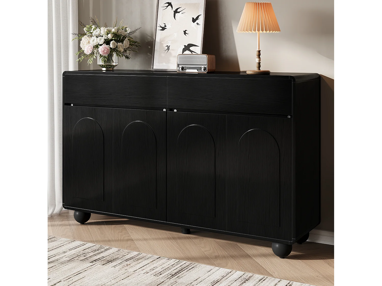 Aparador moderno 140 x 38 x 89 cm - 2 cajones y 4 puertas - patas redondas de metal - puertas arqueadas - MDF - negro