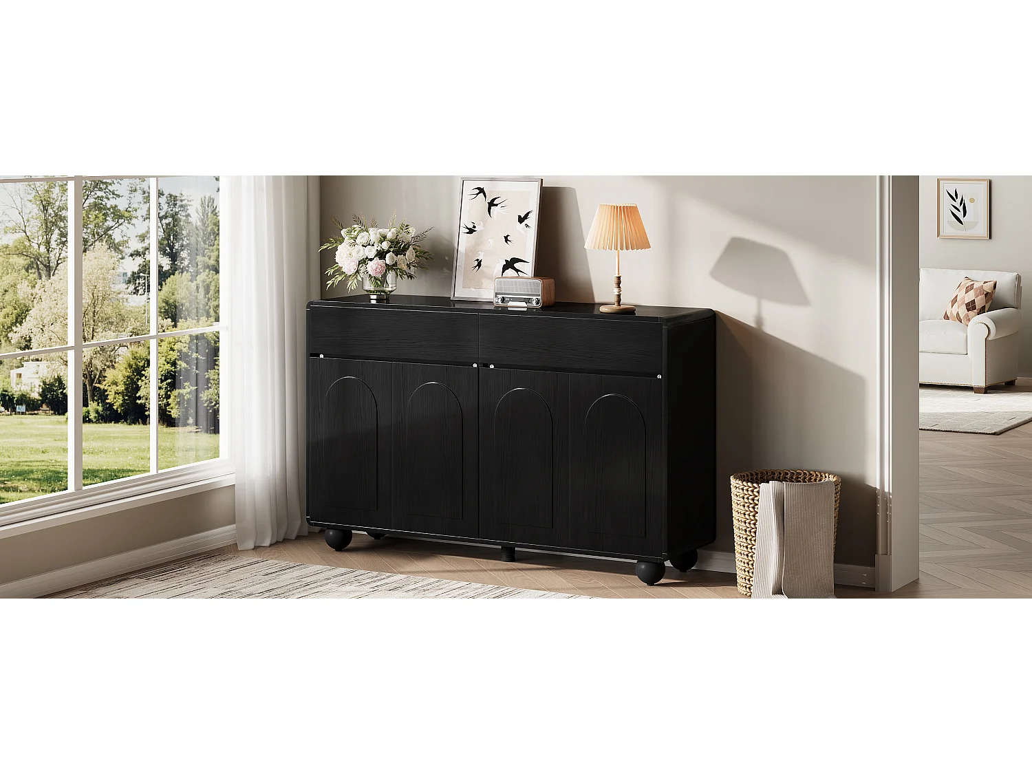 Aparador moderno 140 x 38 x 89 cm - 2 cajones y 4 puertas - patas redondas de metal - puertas arqueadas - MDF - negro