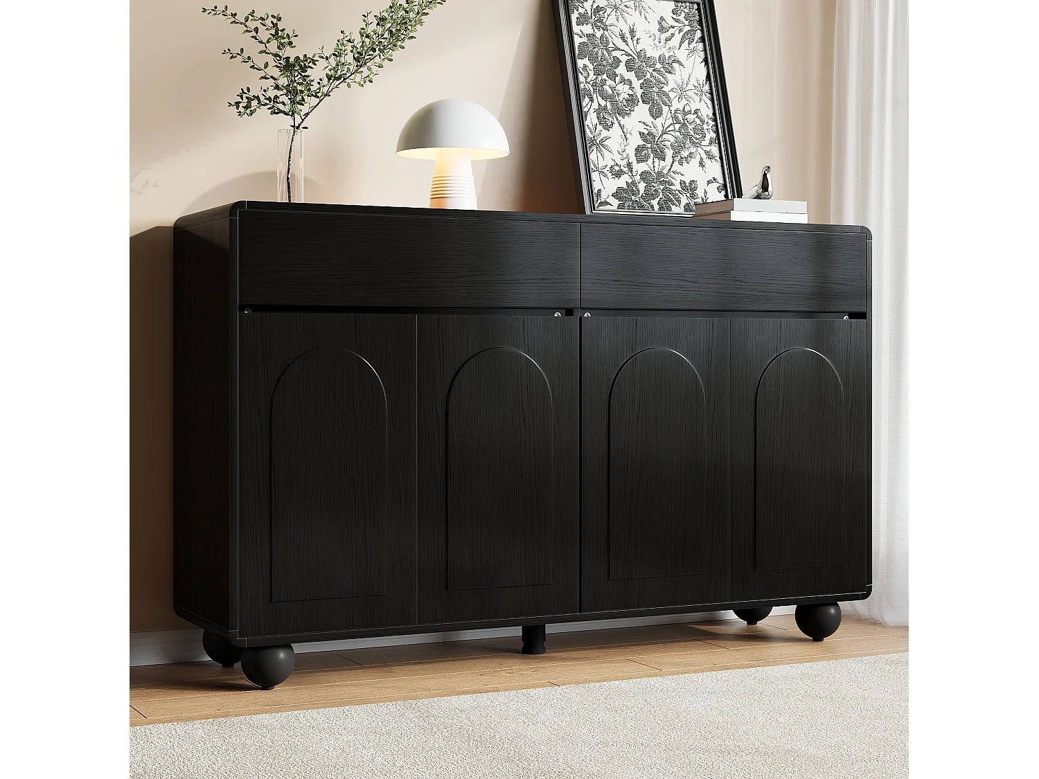 Aparador moderno 140 x 38 x 89 cm - 2 cajones y 4 puertas - patas redondas de metal - puertas arqueadas - MDF - negro