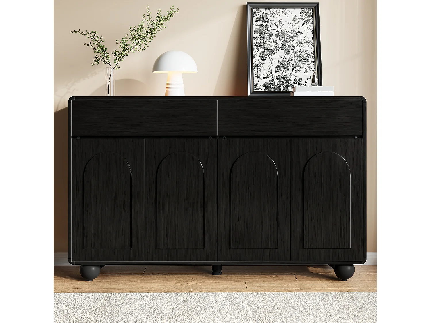 Aparador moderno 140 x 38 x 89 cm - 2 cajones y 4 puertas - patas redondas de metal - puertas arqueadas - MDF - negro