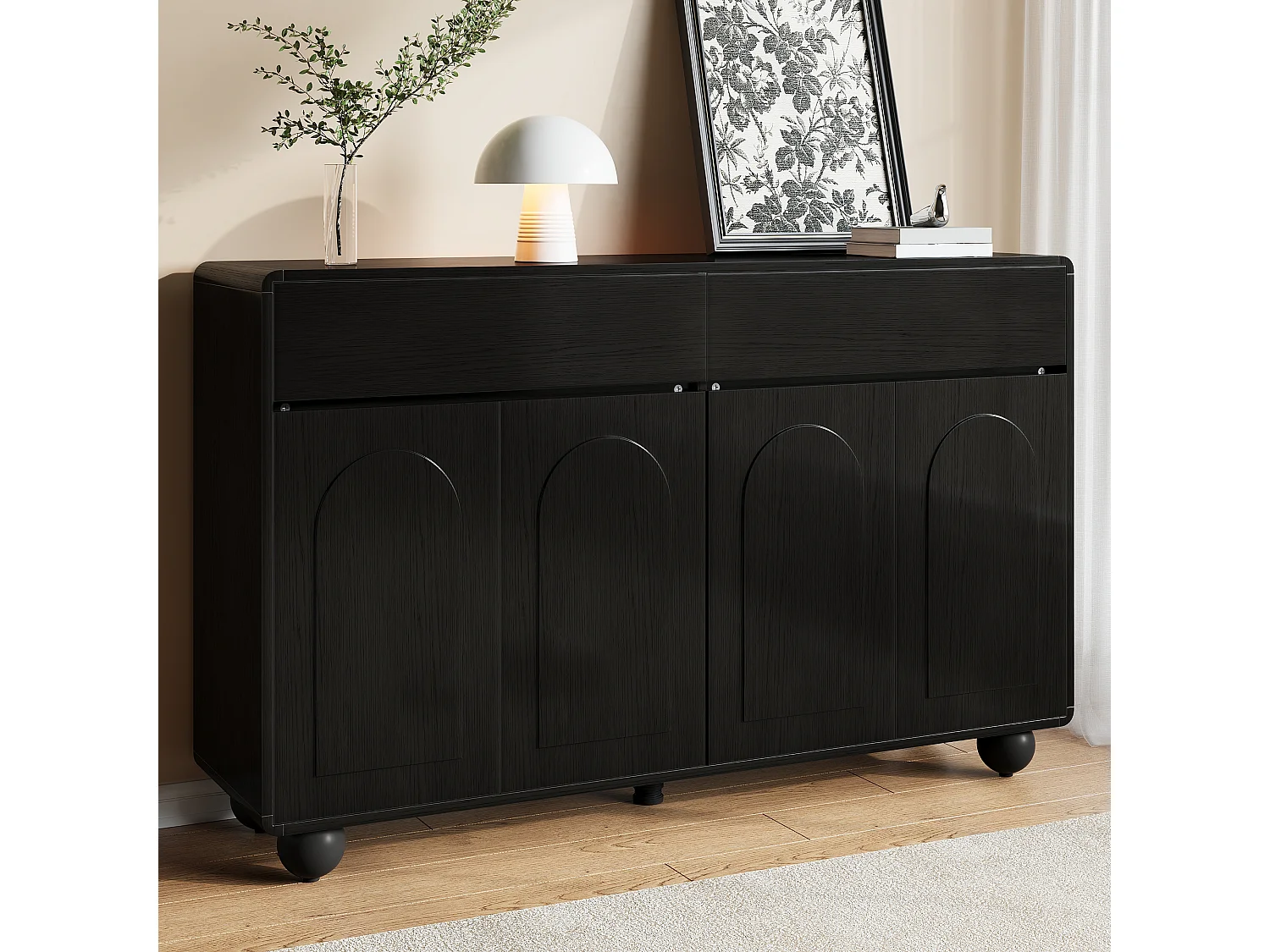 Aparador moderno 140 x 38 x 89 cm - 2 cajones y 4 puertas - patas redondas de metal - puertas arqueadas - MDF - negro