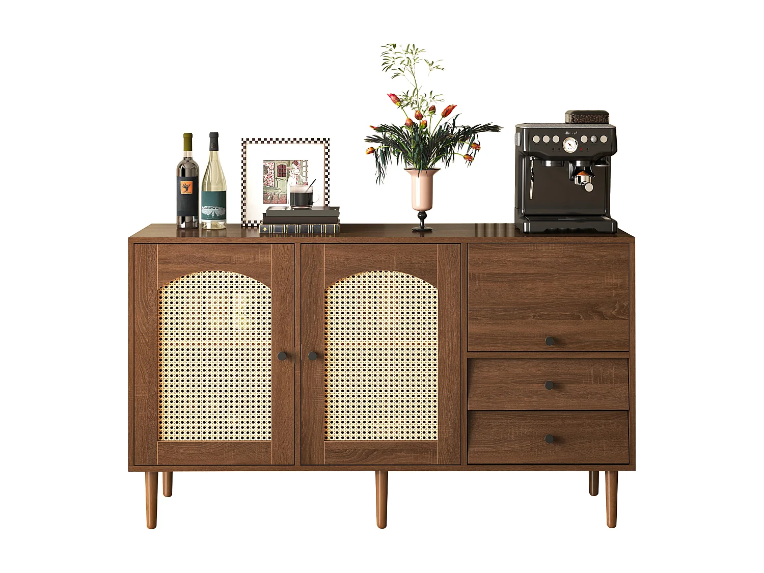 Sideboard with 3 doors and 2 drawers - woven resin doors - country style - Brown