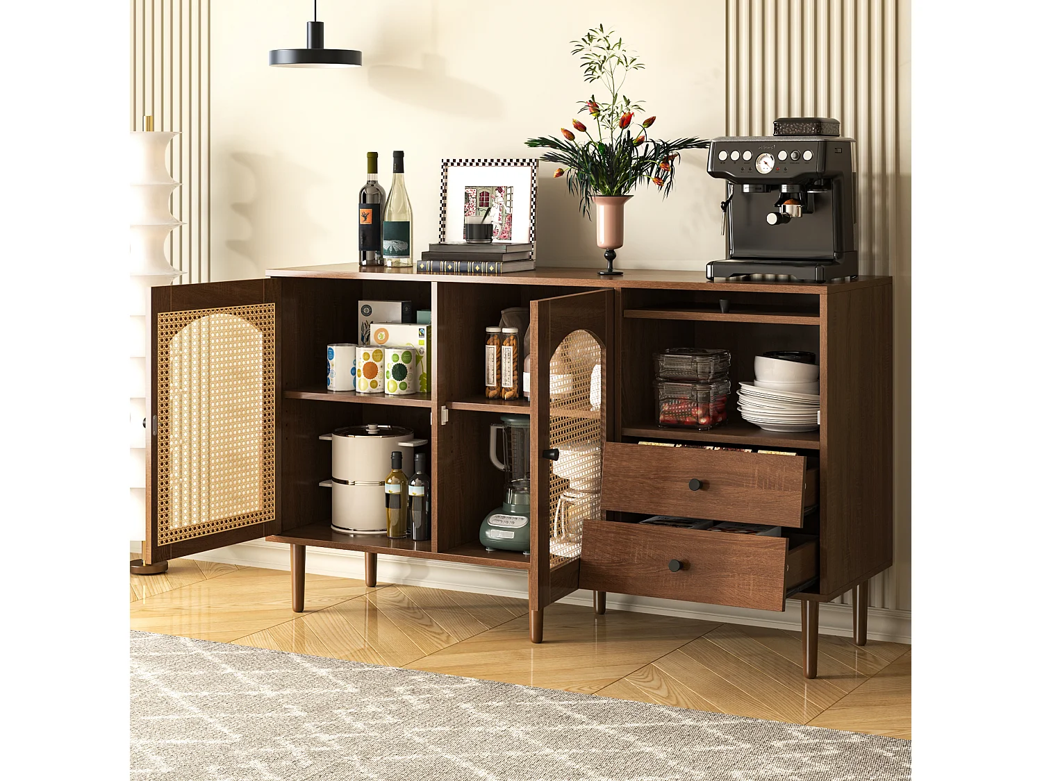 Sideboard with 3 doors and 2 drawers - woven resin doors - country style - Brown