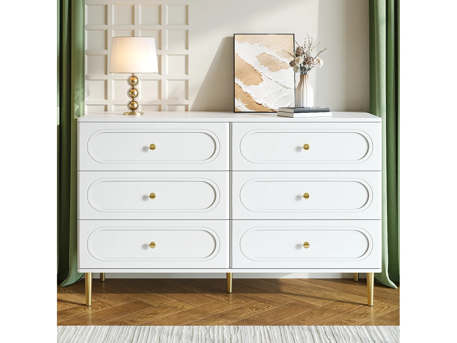 Modern sideboard 120x40x75 cm - with 6 drawers - metal legs - MDF + particle boards - white
