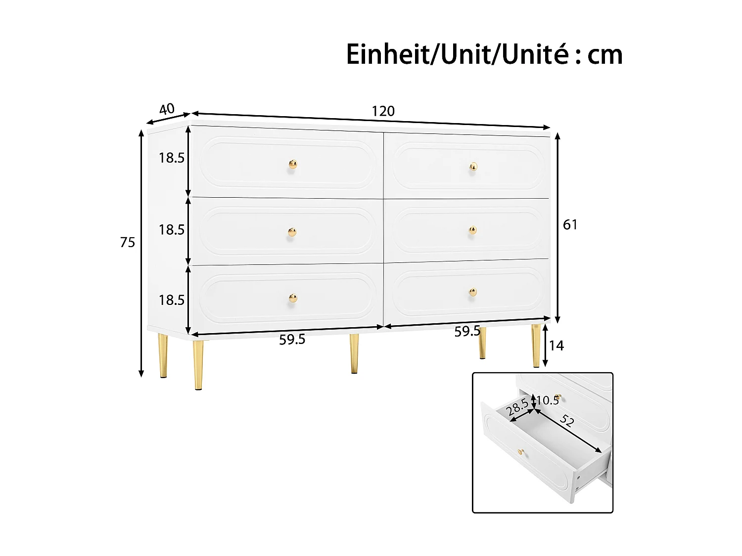 Modern sideboard 120x40x75 cm - with 6 drawers - metal legs - MDF + particle boards - white