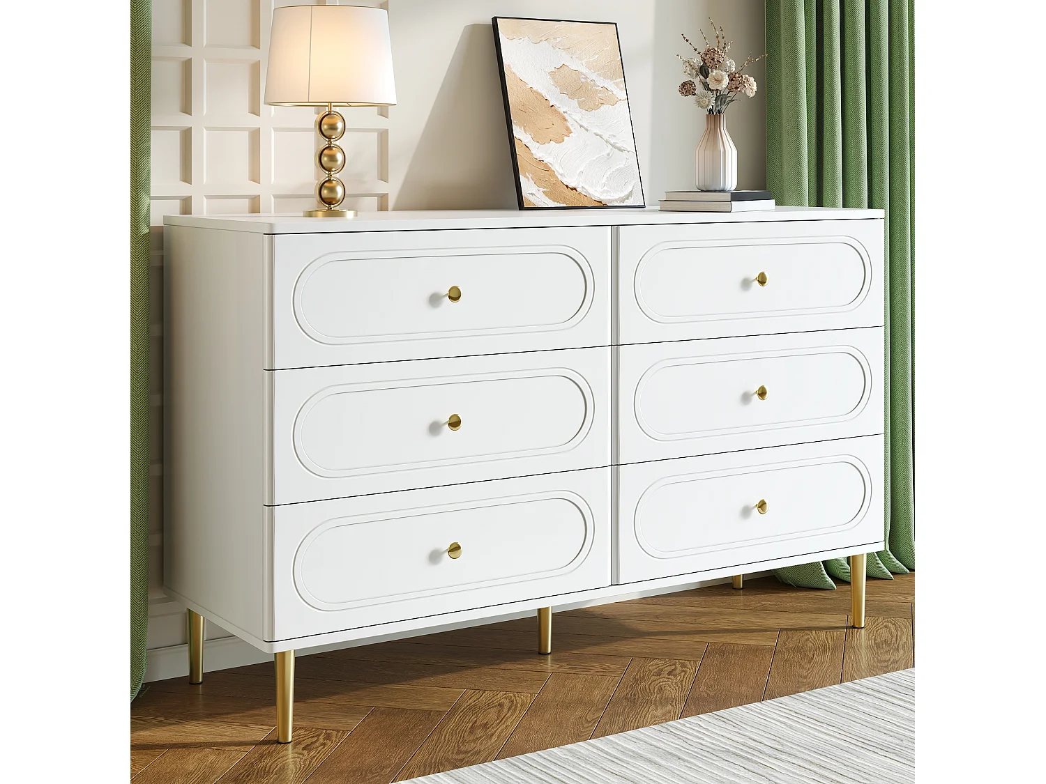 Modern sideboard 120x40x75 cm - with 6 drawers - metal legs - MDF + particle boards - white