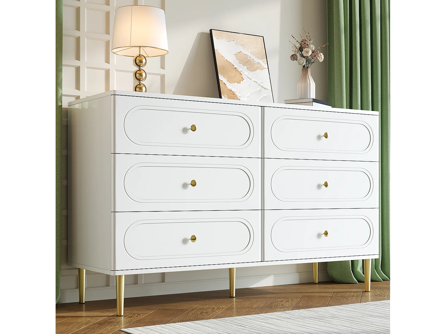 Modern sideboard 120x40x75 cm - with 6 drawers - metal legs - MDF + particle boards - white