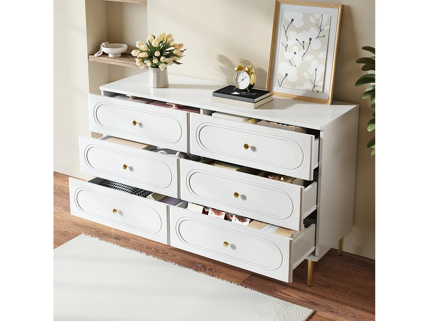 Modern sideboard 120x40x75 cm - with 6 drawers - metal legs - MDF + particle boards - white