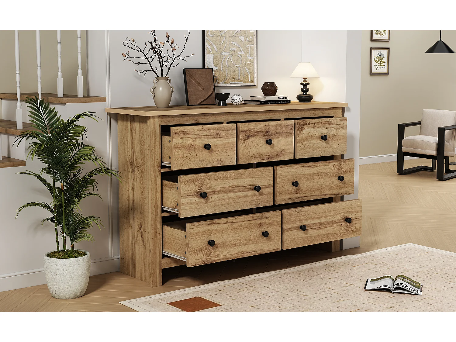 Sideboard with 7 drawers - particleboard - natural