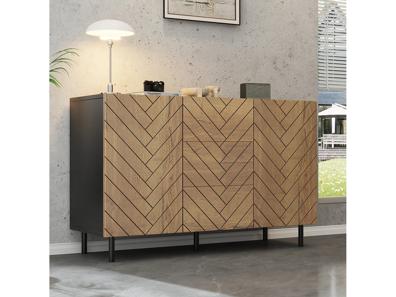 Modern sideboard 120x40x76 cm - 3 drawers and 2 doors - particle boards - natural color