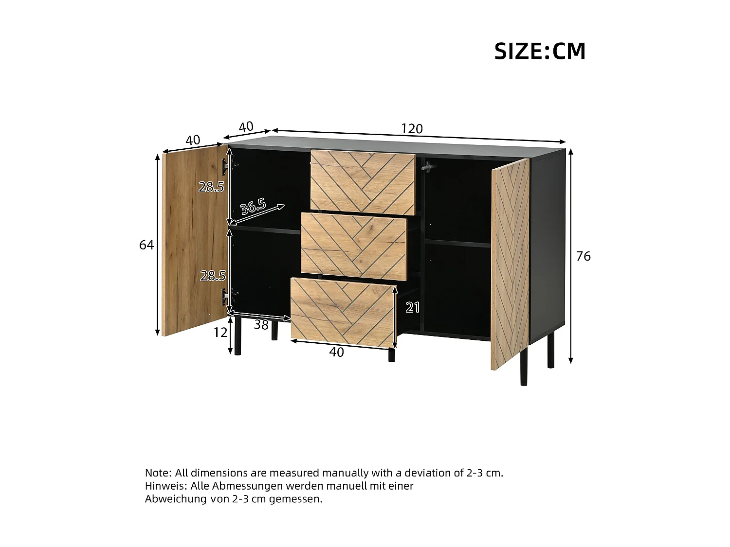 Modern sideboard 120x40x76 cm - 3 drawers and 2 doors - particle boards - natural color
