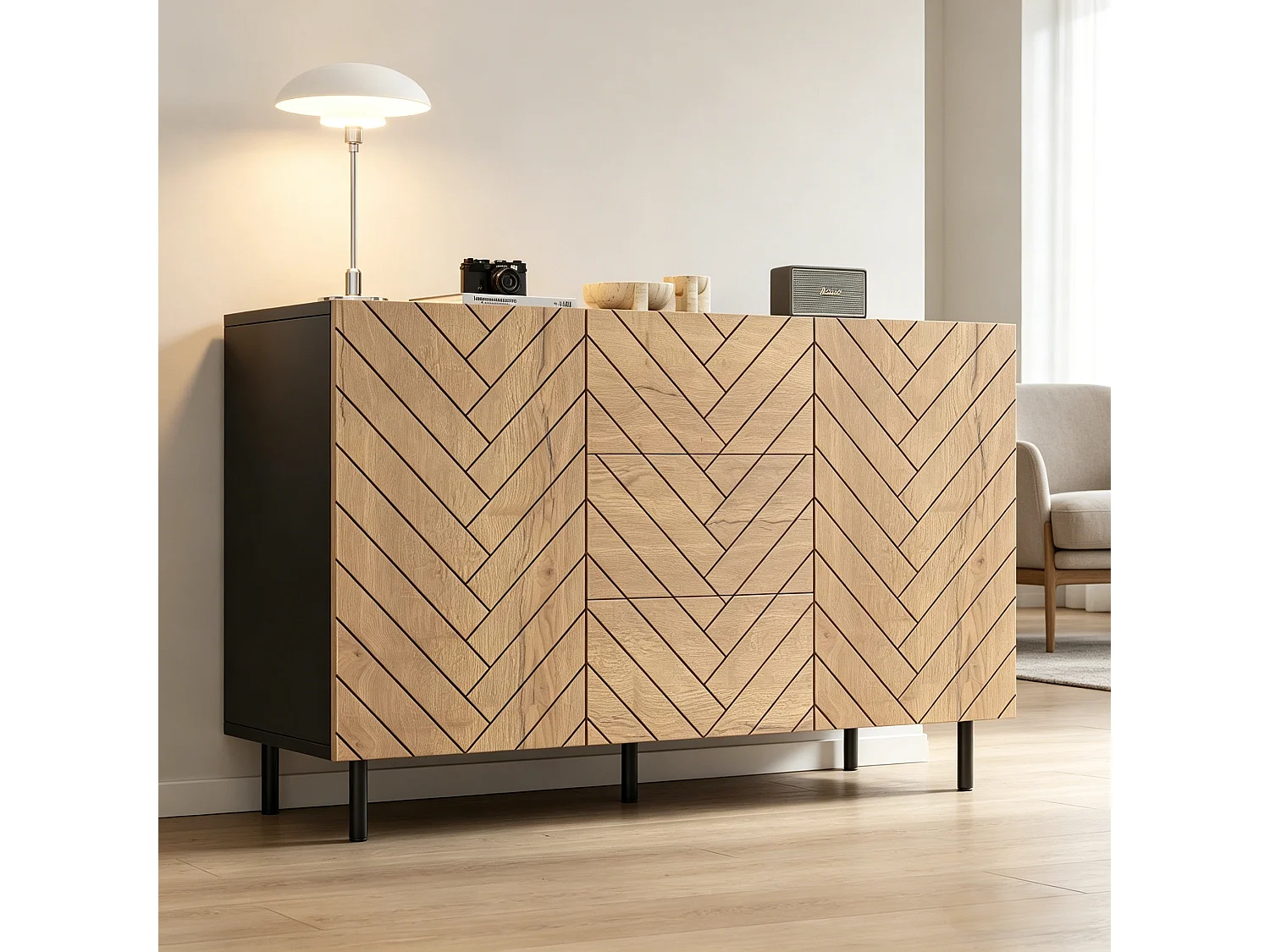 Modern sideboard 120x40x76 cm - 3 drawers and 2 doors - particle boards - natural color