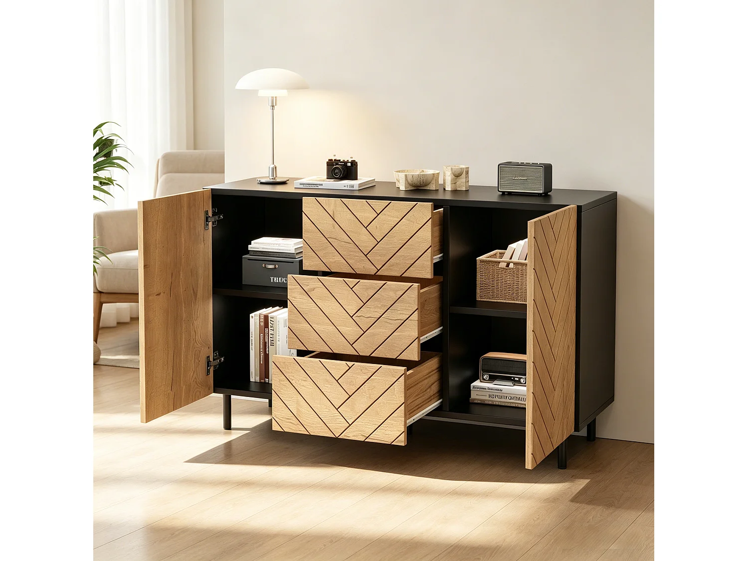 Modern sideboard 120x40x76 cm - 3 drawers and 2 doors - particle boards - natural color